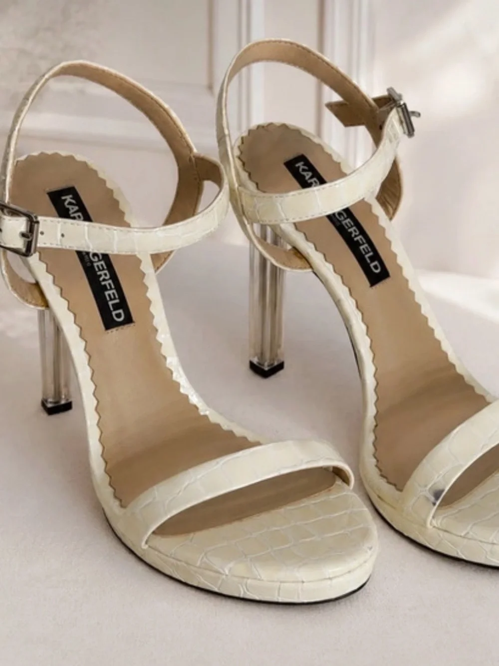 Karl Lagerfeld Cream Croc-Texture Ankle Strap Heels with Clear Stiletto
